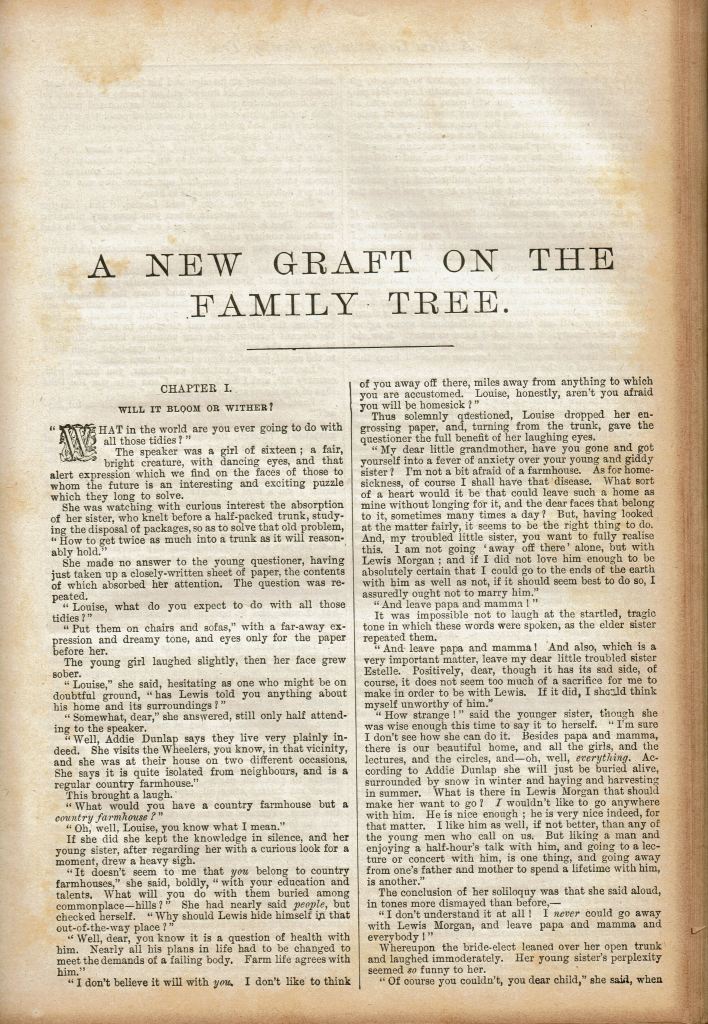 Image of the first page of the story with title "A New Graft on the Family Tree" at the top.