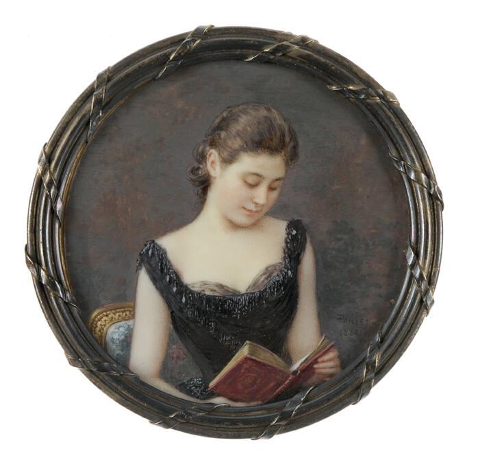 Round portrait of Emily seated in a  chair, reading a book. Her hair is brown and arranged at the back of her head. Her gown is black and adorned with black beads; it has a wide neckline and beaded shoulders.
