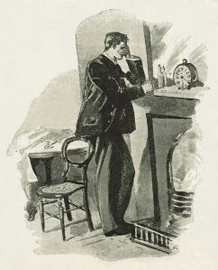 a young man stands at a fireplace mantel. With one elbow resting on the mantle, he stands covering his eyes as if he is under a great emotion, such as grief or shame. 